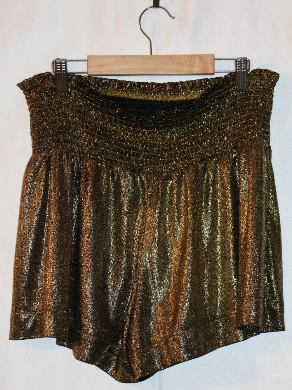 Pants Store High-Waist Shimmery Metallic Gold Fly Away Swing Shorts.